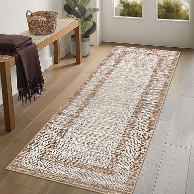 Modern Washable Area Rug, Neutral Bordered Design, Non-Slip Low Pile Carpet for Bedroom Living Room