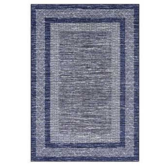 Modern Washable Area Rug, Neutral Bordered Design, Non-Slip Low Pile Carpet for Bedroom Living Room