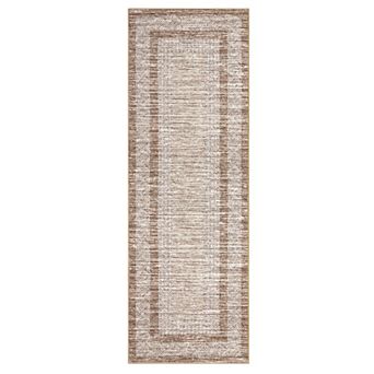 Modern Washable Area Rug, Neutral Bordered Design, Non-Slip Low Pile Carpet for Bedroom Living Room