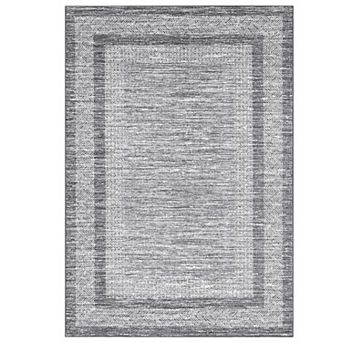 Modern Washable Area Rug, Neutral Bordered Design, Non-Slip Low Pile Carpet for Bedroom Living Room