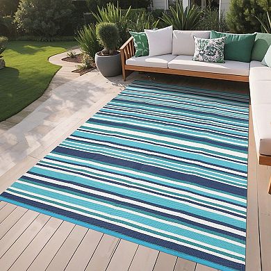 Reversible Outdoor Rug Modern Geometric Striped Patio Carpet Waterproof Washable Portable Mat