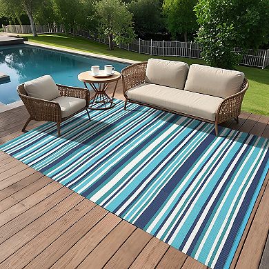 Reversible Outdoor Rug Modern Geometric Striped Patio Carpet Waterproof Washable Portable Mat