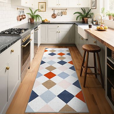 Diamond Machine Washable Area Rugs with Rubber Backing Non Slip Low Pile Stain Resistant Carpet