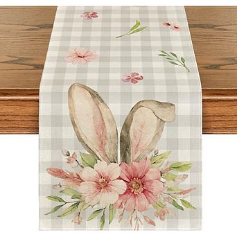 Buffalo Plaid Bunny Easter Table Runner with Rabbit Ears and Floral Design 13 x 72 Inch