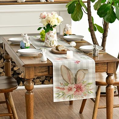 Buffalo Plaid Bunny Easter Table Runner with Rabbit Ears and Floral Design 13 x 72 Inch
