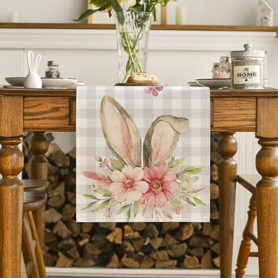 Buffalo Plaid Bunny Easter Table Runner with Rabbit Ears and Floral Design 13 x 72 Inch