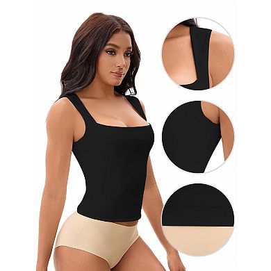 2 Packs Women's Square Neck Sleeveless Tank Tops Basic Fitted Camisoles