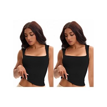 2 Packs Women's Square Neck Sleeveless Tank Tops Basic Fitted Camisoles