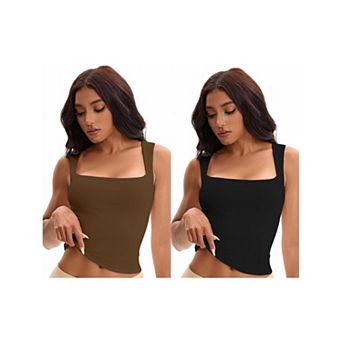 2 Packs Women's Square Neck Sleeveless Tank Tops Basic Fitted Camisoles