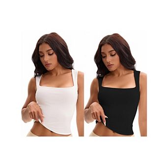 2 Packs Women's Square Neck Sleeveless Tank Tops Basic Fitted Camisoles