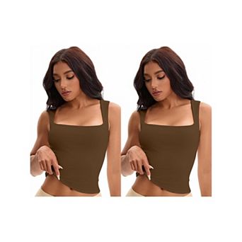 2 Packs Women's Square Neck Sleeveless Tank Tops Basic Fitted Camisoles
