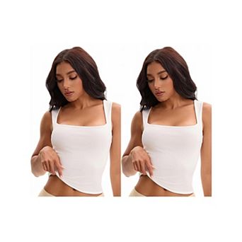 2 Packs Women's Square Neck Sleeveless Tank Tops Basic Fitted Camisoles