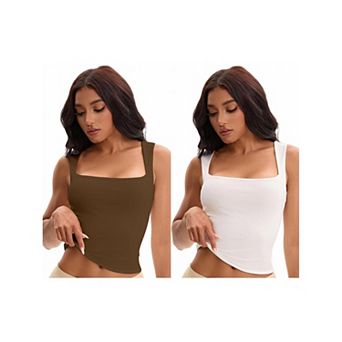 2 Packs Women's Square Neck Sleeveless Tank Tops Basic Fitted Camisoles