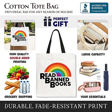 Read Banned Books Rainbow Canvas Tote Bag, Book Lover Gift Shopper