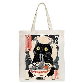 Kawaii Anime Cat Eating Ramen Canvas Tote Bag, Noodle Japanese Art Style Gift Bag