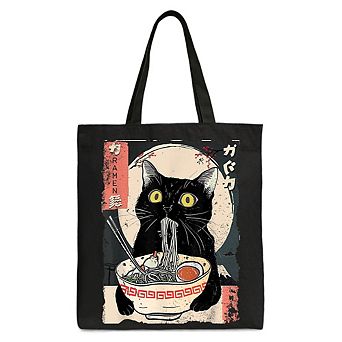 Kawaii Anime Cat Eating Ramen Canvas Tote Bag, Noodle Japanese Art Style Gift Bag