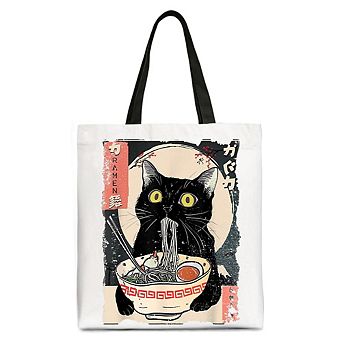 Kawaii Anime Cat Eating Ramen Canvas Tote Bag, Noodle Japanese Art Style Gift Bag