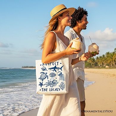 Respect the Locals Ocean Animals Canvas Tote Bag, Cute Vacation Gift Shopper