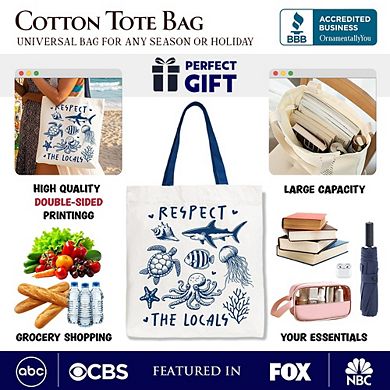 Respect the Locals Ocean Animals Canvas Tote Bag, Cute Vacation Gift Shopper