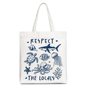Respect the Locals Ocean Animals Canvas Tote Bag, Cute Vacation Gift Shopper
