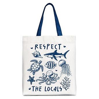 Respect the Locals Ocean Animals Canvas Tote Bag, Cute Vacation Gift Shopper