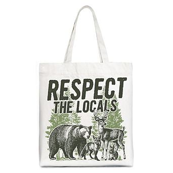 Respect the Locals Wild Animal Canvas Tote Bag, Vintage Camping Nature Gift Shopper