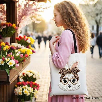 Easter Bunny Leopard Bow Tote Bag, Coquette Printed Faux Embroidery Girly Spring Gift Shopper