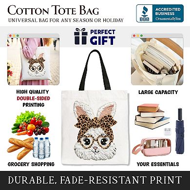 Easter Bunny Leopard Bow Tote Bag, Coquette Printed Faux Embroidery Girly Spring Gift Shopper