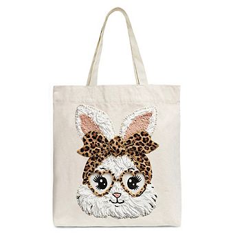 Easter Bunny Leopard Bow Tote Bag, Coquette Printed Faux Embroidery Girly Spring Gift Shopper