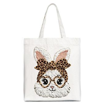 Easter Bunny Leopard Bow Tote Bag, Coquette Printed Faux Embroidery Girly Spring Gift Shopper