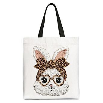 Easter Bunny Leopard Bow Tote Bag, Coquette Printed Faux Embroidery Girly Spring Gift Shopper