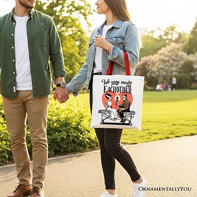 Romantic Frankenstein and Bride Canvas Tote Bag, We Were Made for Each Other Gift Bag