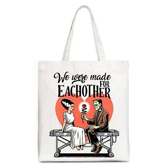 Romantic Frankenstein and Bride Canvas Tote Bag, We Were Made for Each Other Gift Bag