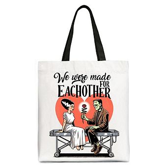 Romantic Frankenstein and Bride Canvas Tote Bag, We Were Made for Each Other Gift Bag