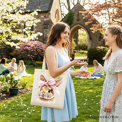 Easter Bunny Coquette Pink Bow Tote Bag, Cute Watercolor Gift Shopper