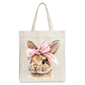Easter Bunny Coquette Pink Bow Tote Bag, Cute Watercolor Gift Shopper