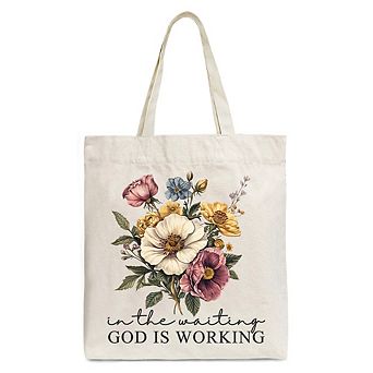 In the Waiting God Is Working Floral Christian Canvas Tote Bag, Vintage Wildflower Faith