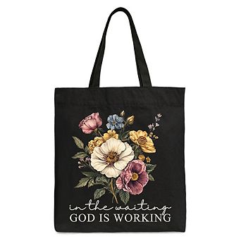 In the Waiting God Is Working Floral Christian Canvas Tote Bag, Vintage Wildflower Faith