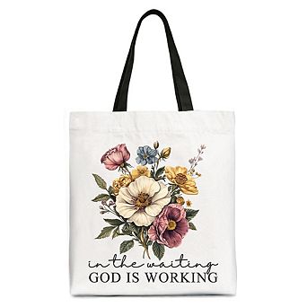 In the Waiting God Is Working Floral Christian Canvas Tote Bag, Vintage Wildflower Faith