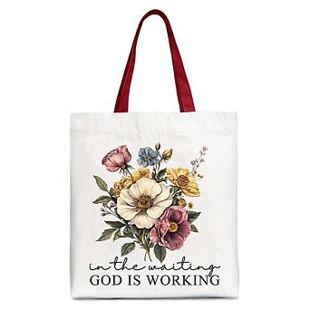 In the Waiting God Is Working Floral Christian Canvas Tote Bag, Vintage Wildflower Faith