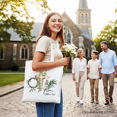 He Is Risen Lamb Cross Christian Easter Tote Bag, Bible Verse Matthew 28:6 Gift Shopper