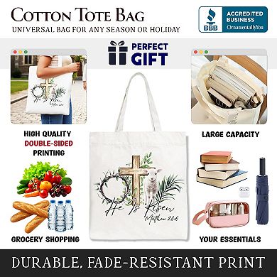 He Is Risen Lamb Cross Christian Easter Tote Bag, Bible Verse Matthew 28:6 Gift Shopper