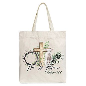 He Is Risen Lamb Cross Christian Easter Tote Bag, Bible Verse Matthew 28:6 Gift Shopper