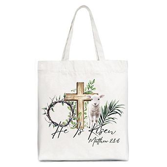 He Is Risen Lamb Cross Christian Easter Tote Bag, Bible Verse Matthew 28:6 Gift Shopper