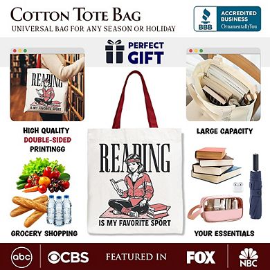 Reading Is My Favorite Sport Bookworm Canvas Tote Bag, Retro Bibliophile Gift Shopper