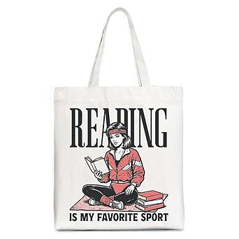 Reading Is My Favorite Sport Bookworm Canvas Tote Bag, Retro Bibliophile Gift Shopper