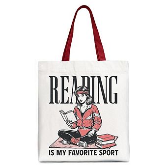 Reading Is My Favorite Sport Bookworm Canvas Tote Bag, Retro Bibliophile Gift Shopper