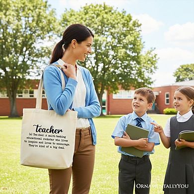 Teacher Definition Canvas Tote Bag, Inspirational Quote Gift Shopper for Educators