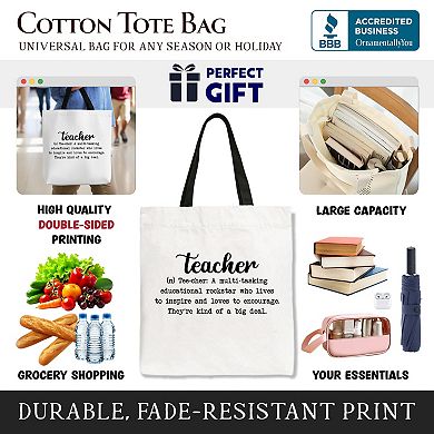 Teacher Definition Canvas Tote Bag, Inspirational Quote Gift Shopper for Educators