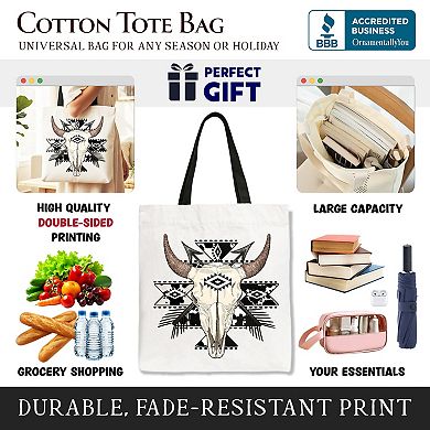 Bull Skull Canvas Tote Bag, Western Boho Gift Shopper
